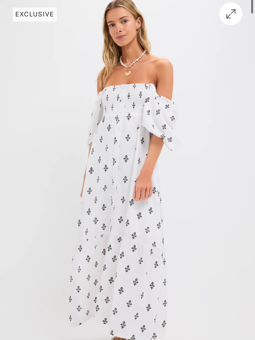 Tuckernuck White Off-Shoulder Maxi Dress with Black Motif